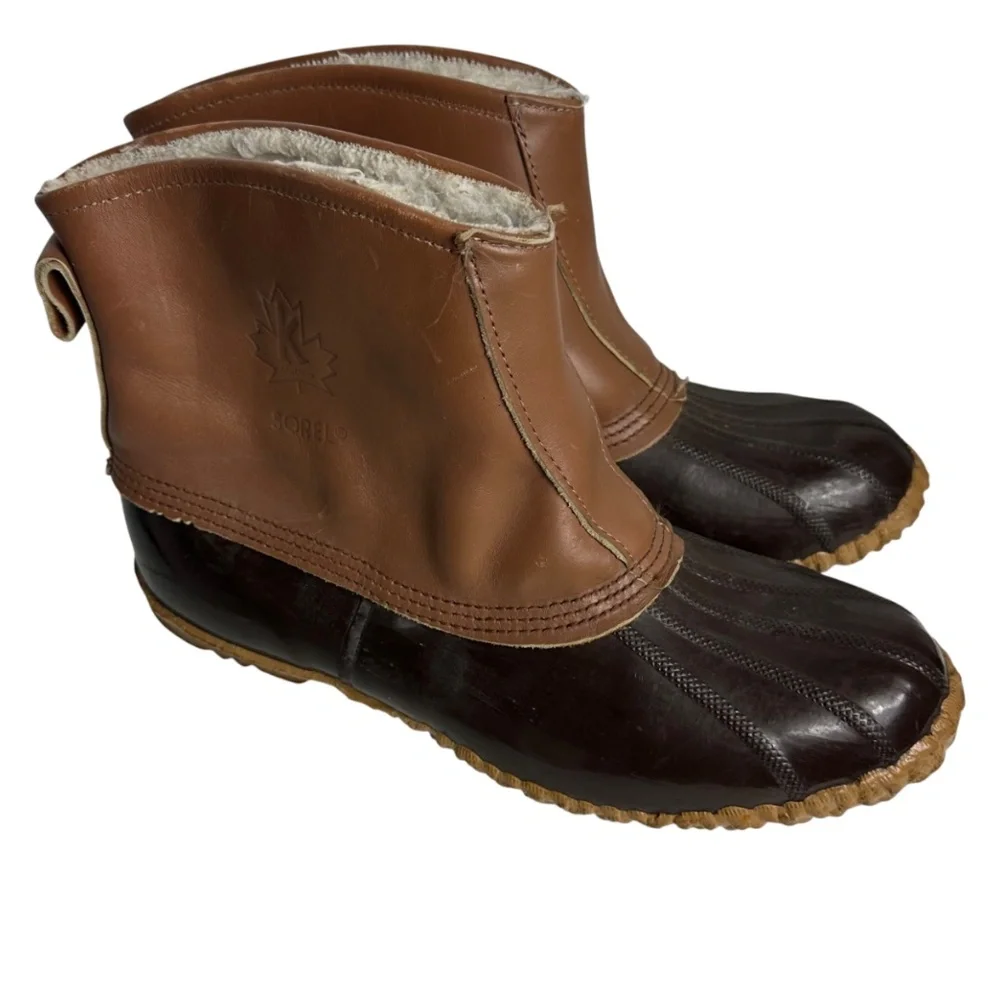 Sorel Fishawk Duck Boots Mens Sz 12 Winter Snow Leather Rubber Brown Slip On